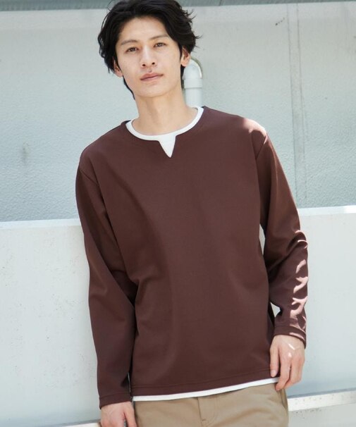【洗濯機OK】カノコキーネック レイヤード長袖Tシャツ