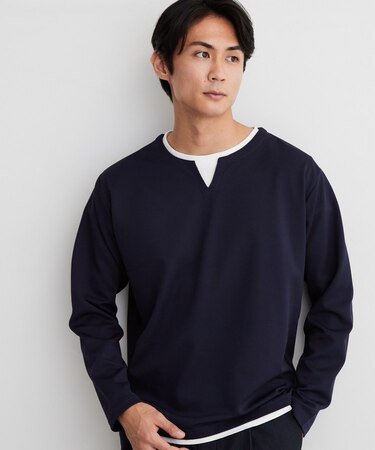 【洗濯機OK】カノコキーネック レイヤード長袖Tシャツ