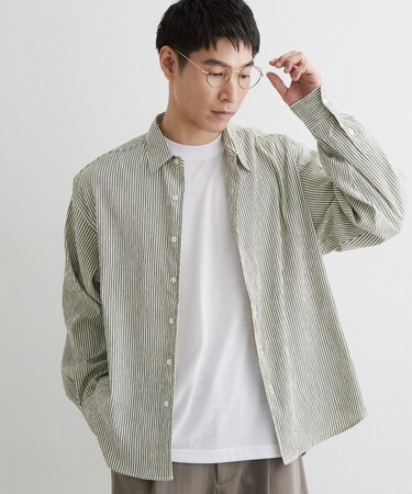 【洗濯機OK】ストライプクレープ長袖シャツ