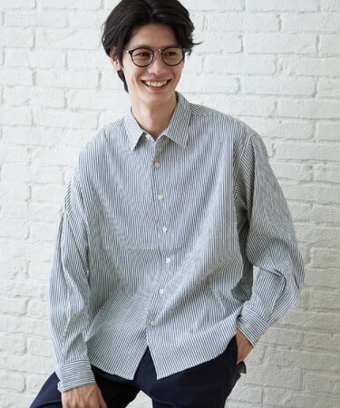 【洗濯機OK】ストライプクレープ長袖シャツ