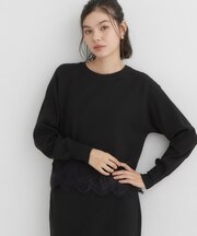 【毛玉防止/洗える/セットUP可】上品裾レースクルーネックニット