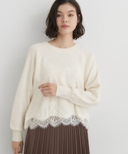 【毛玉防止/洗える/セットUP可】上品裾レースクルーネックニット