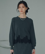 【毛玉防止/洗える/セットUP可】上品裾レースクルーネックニット