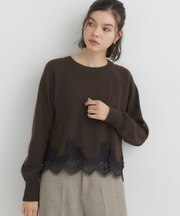 【毛玉防止/洗える/セットUP可】上品裾レースクルーネックニット