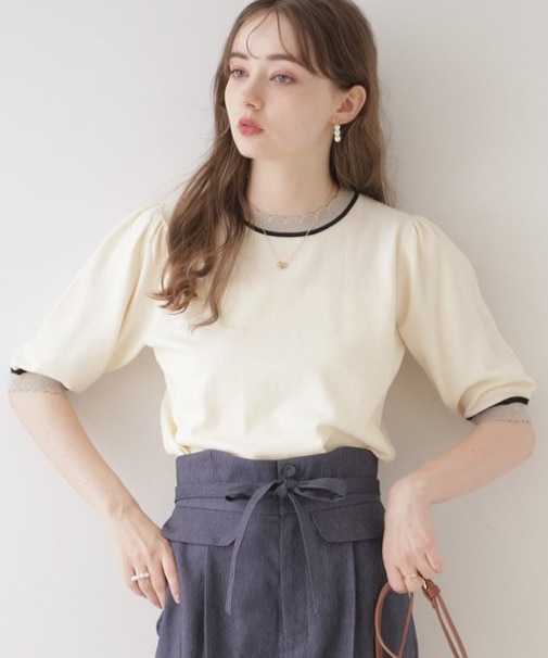 【二の腕カバー・上品×シンプルなニット】配色スカラ5分袖ニット