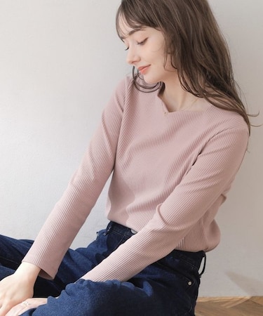 【顔まわりスッキリ・マシンウォッシャブル】ハートネックテレコトップス