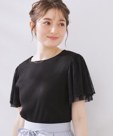 【二の腕カバー・通勤】レース袖テレコトップス