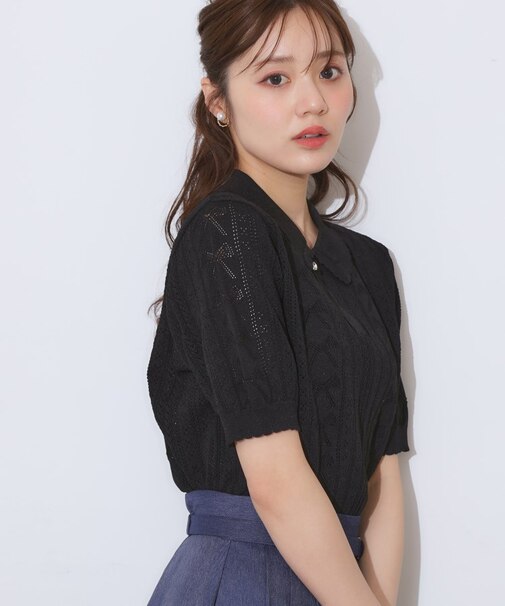 【洗える・大人可愛い】リボン透かし柄ポロニット