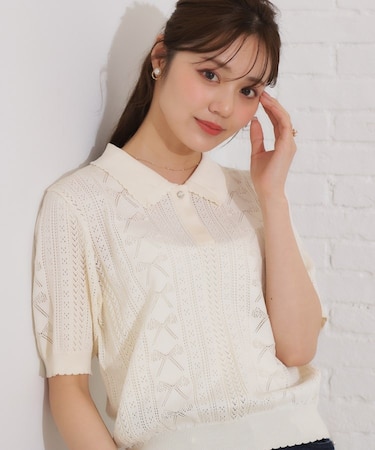 【洗える・大人可愛い】リボン透かし柄ポロニット