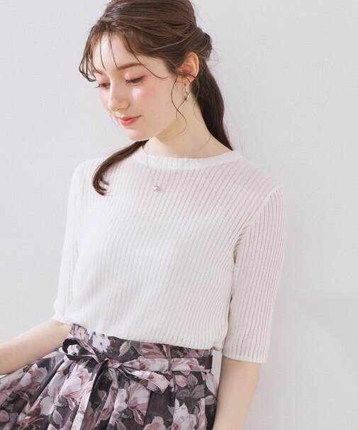 ラメリブ5分袖ニット