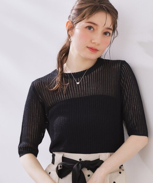 ラメリブ5分袖ニット