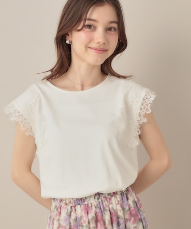 【マシンウォッシャブル・UVケア・接触冷感】フレンチ肩レースカットソー