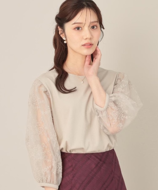 【接触冷感・UVカット・マシンウォッシャブル】袖レースドッキングカットソー