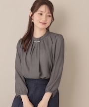 【大人可愛い・パール取り外し・通勤】・タックタイチェック柄ブラウス