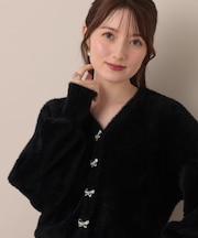 【高見え・大人可愛い】ビジューリボン釦 前後2WAYフェザーカーディガントップス