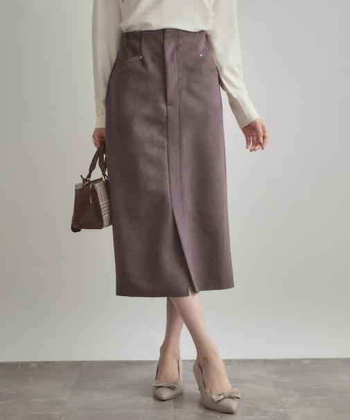 【洗える・ストレッチ・通勤】スエード調ダンボールIラインスカート