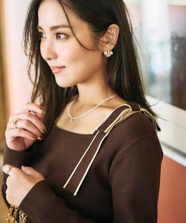 【着映え・フェミニン・高見え】配色リボン総針ニットトップス