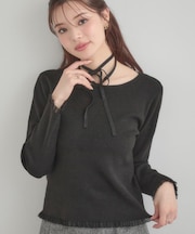 【大人可愛い・リボン取り外し可】前後2WAYラメリブ シアープチフリルニット