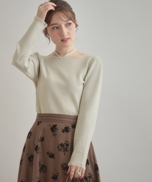 【大人可愛い・リボン取り外し可】前後2WAYラメリブ シアープチフリルニット