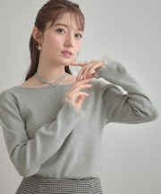 【大人可愛い・リボン取り外し可】前後2WAYラメリブ シアープチフリルニット