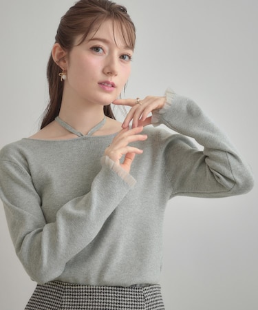 【大人可愛い・リボン取り外し可】前後2WAYラメリブ シアープチフリルニット