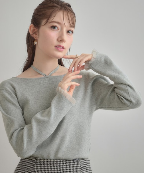 【大人可愛い・リボン取り外し可】前後2WAYラメリブ シアープチフリルニット