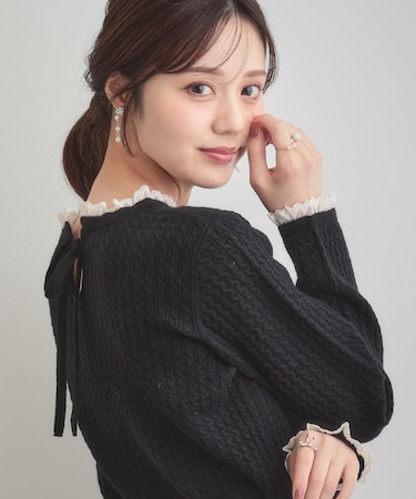 【大人上品・着映え】ケーブルレース バックリボンニット