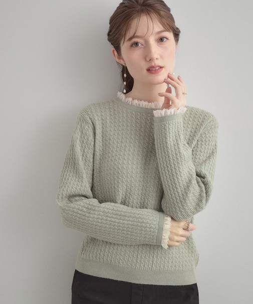 【大人上品・着映え】ケーブルレース バックリボンニット