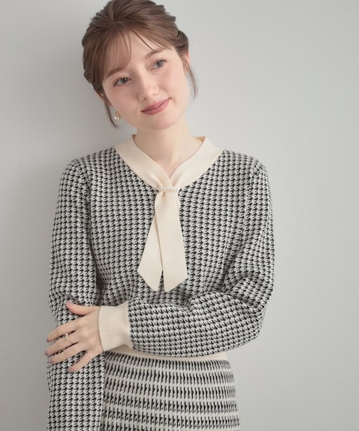 【クラシカル・大人レディ】千鳥ジャカードパール調タイニットトップス