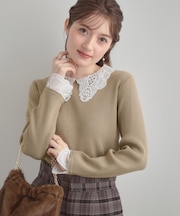 【着映え・フェミニン・通勤】レース衿カフス付きリブニット