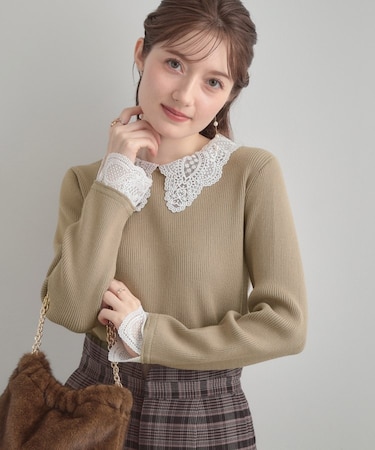 【着映え・フェミニン・通勤】レース衿カフス付きリブニット