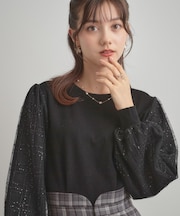 【フェミニン・着映え】袖チェックチュール ドッキングニット