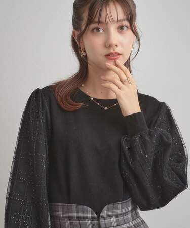【フェミニン・着映え】袖チェックチュール ドッキングニット