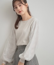 【フェミニン・着映え】袖チェックチュール ドッキングニット