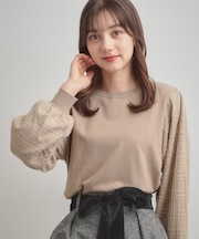 【フェミニン・着映え】袖チェックチュール ドッキングニット