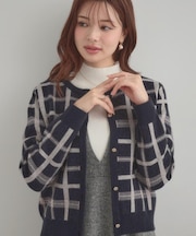 【大人可愛い・通勤】チェックジャカード ニットカーディガン