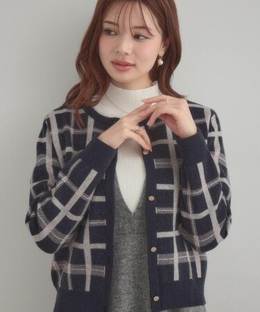 【大人可愛い・通勤】チェックジャカード ニットカーディガン