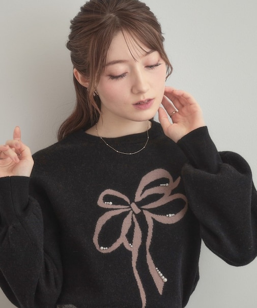 【可愛く着映える・華やか】リボンジャカード ニットトップス