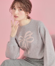 【可愛く着映える・華やか】リボンジャカード ニットトップス