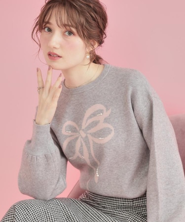 【可愛く着映える・華やか】リボンジャカード ニットトップス