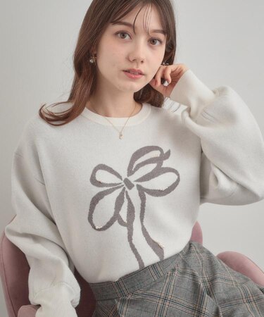 【可愛く着映える・華やか】リボンジャカード ニットトップス
