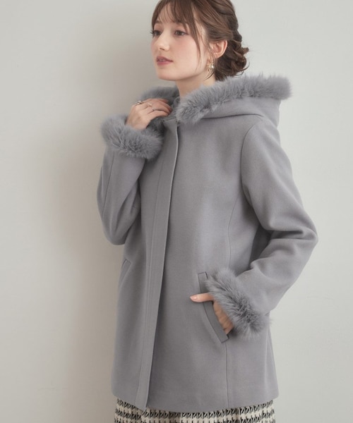 【クチュールブローチ】フードフェイクファー ハーフ丈コート/未使用品/25AW 大人可愛い・フード取り外し可能】フードフェイクファー ハーフ丈