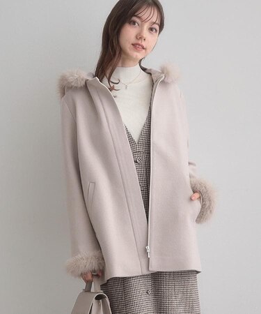 【大人可愛い・フード取り外し可能】フードフェイクファー ハーフ丈コート