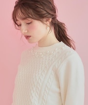 【きれいめ】パール調デザイン アラン柄ニット