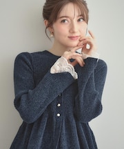 【袖口レース・着映え】短毛モールペプラム カーデ