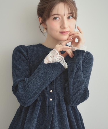 【袖口レース・着映え】短毛モールペプラム カーデ