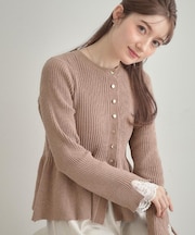 【袖口レース・着映え】短毛モールペプラム カーデ