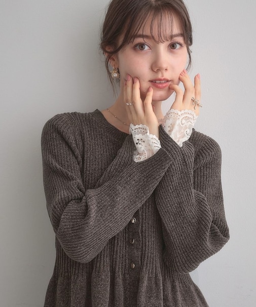 【袖口レース・着映え】短毛モールペプラム カーデ