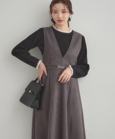 【S-LL/通勤】ビット付き スエード調ダンボールジャンスカ