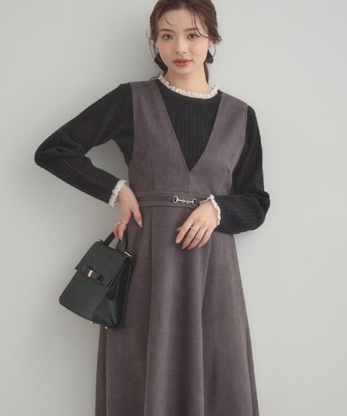 【S-LL/通勤】ビット付き スエード調ダンボールジャンスカ